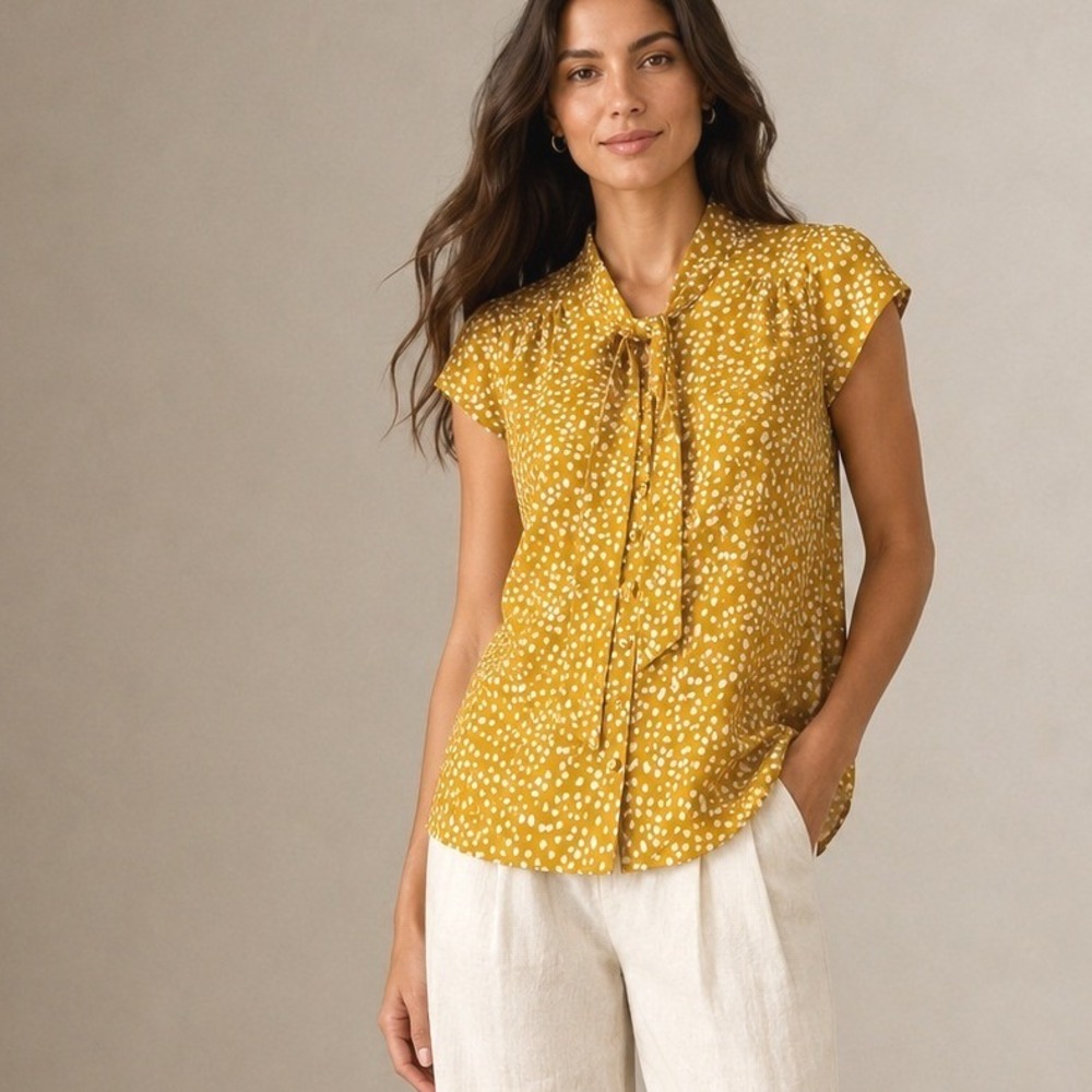 Banana Republic Mustard Dot Tie-Neck Blouse | Size 6 | Retro Chic